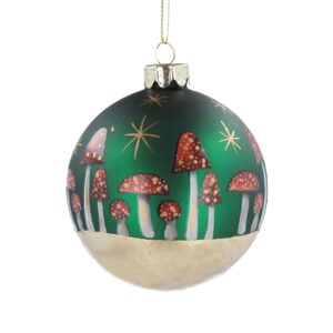 A matt green Christmas tree bauble deocrated with hand painted red and white toadstools all the way around. The toadstools have gold spots on their caps and gold stars above them. The base of the bauble is covered in gold leaf.