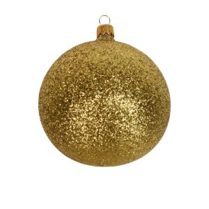 A clear glass Christmas tree bauble covered completley in sparkling gold glitter.