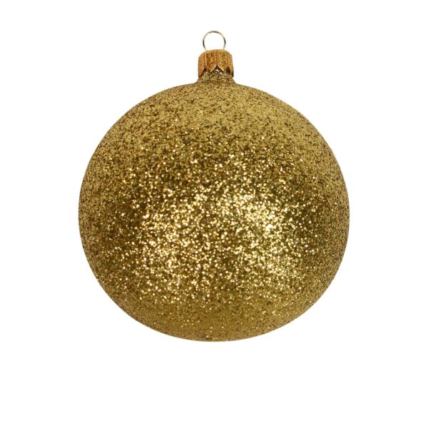 A clear glass Christmas tree bauble covered completley in sparkling gold glitter.