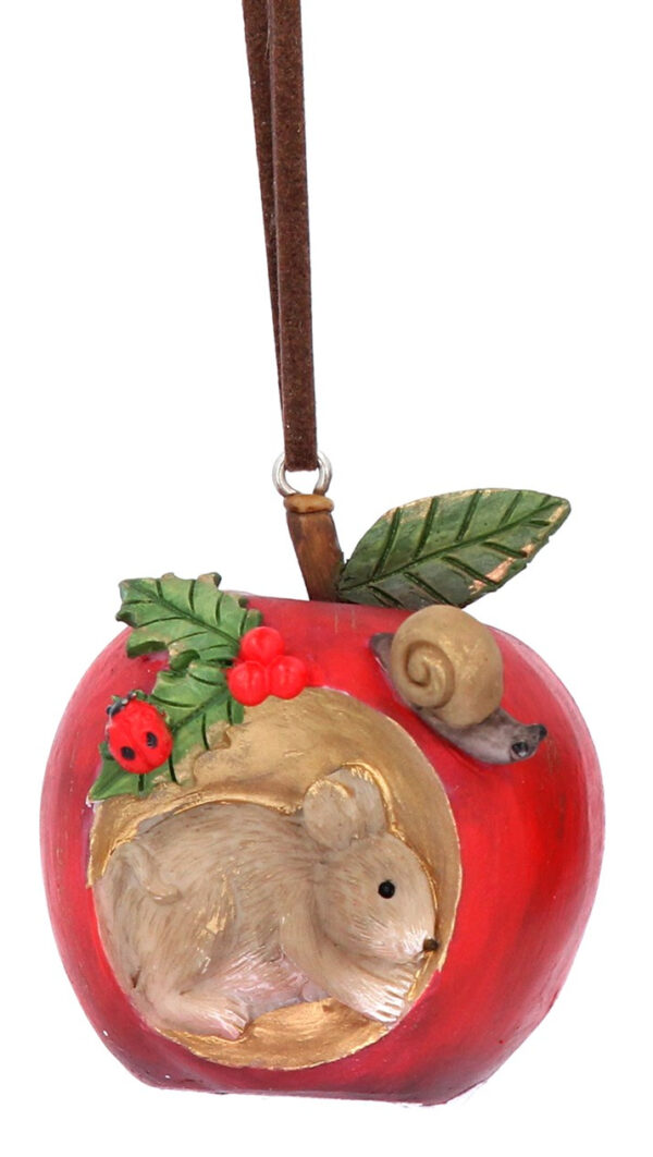 A ployresin Christmas tree decoration depicting a red apple with a brown mice living inside it. The apple has a sprig of ivy and a small brown mouse and snail living on it. It hangs from brown suede string.