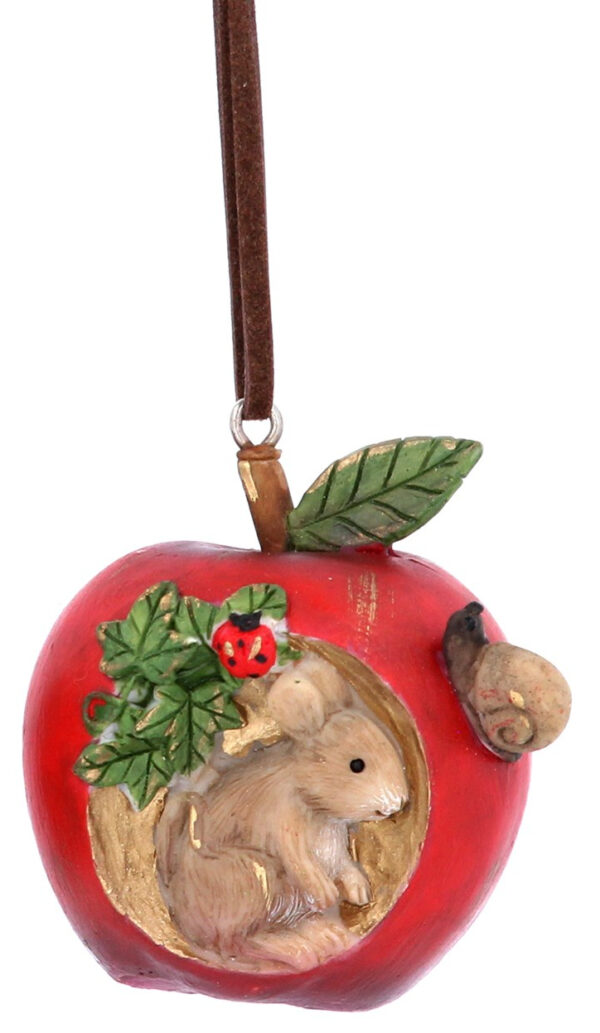 A ployresin Christmas tree decorations depicting a red apple with a brown mice living inside it. The apple has a sprig of holly decorating it and a small brown mouse and snail living on it. It hangs from brown suede string.