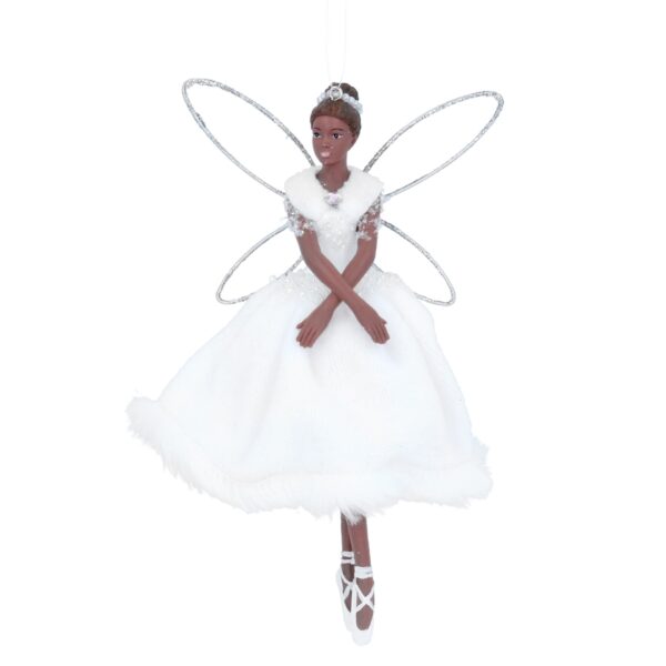 A polyresin ballerina fairy princess wearing a white fur trimmed velour fabric dress with white bead deatail at her waist, with a white fur stole over her bodice complete with silver diamante jewel. She has simple wire frame wings decorated in silver glitter and wears a pearl and diamante tiara in her hair.