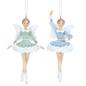 A pair of Elegant Pastel Ballerina Fairies - 2 Designs The one on the left has a mint green tutu with white trim and matching long sleeved bodice decorated with silver glitter on the front and around the waist. She also has a small silver tiara in their hair and is wearing white ballet shoes. On her back her white fairy wings are also decorated with silver glitter. She hangs from a white ribbon for hanging on the tree. the one on the right has a sky blue tutu with white trim and matching long sleeved bodice decorated with silver glitter on the front and around the waist. She also has a small silver tiara in their hair and is wearing white ballet shoes. On her back her white fairy wings are also decorated with silver glitter. She hangs from a white ribbon for hanging on the tree.