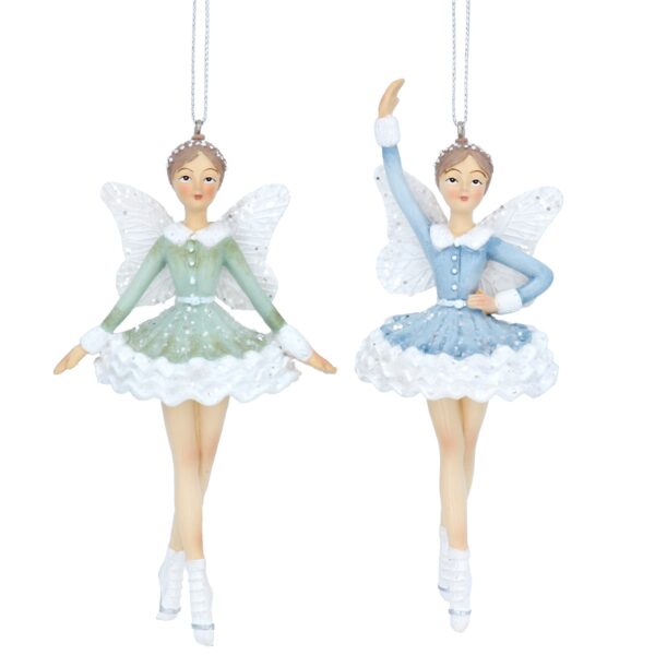 A pair of Elegant Pastel Ballerina Fairies - 2 Designs The one on the left has a mint green tutu with white trim and matching long sleeved bodice decorated with silver glitter on the front and around the waist. She also has a small silver tiara in their hair and is wearing white ballet shoes. On her back her white fairy wings are also decorated with silver glitter. She hangs from a white ribbon for hanging on the tree. the one on the right has a sky blue tutu with white trim and matching long sleeved bodice decorated with silver glitter on the front and around the waist. She also has a small silver tiara in their hair and is wearing white ballet shoes. On her back her white fairy wings are also decorated with silver glitter. She hangs from a white ribbon for hanging on the tree.