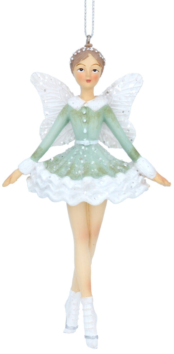 A polyresin ballet dancer figurine Christmas tree decorations. This ballerina has a mint green tutu with white trim and matching long sleeved bodice decorated with silver glitter on the front and around the waist. She also has a small silver tiara in their hair and is wearing white ballet shoes. On her back her white fairy wings are also decorated with silver glitter. She hangs from a white ribbon for hanging on the tree.