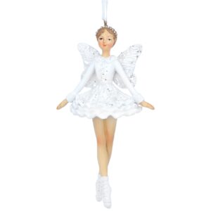 A polyresin ballet dancer figurine Christmas tree decorations. This ballerina has a white tutu with matching long sleeved bodice decorated with silver glitter on the front and around the waist. She also has a small silver tiara in her hair and is wearing white ballet shoes. On her back her white fairy wings are also decorated with silver glitter. She hangs from a white ribbon for hanging on the tree.