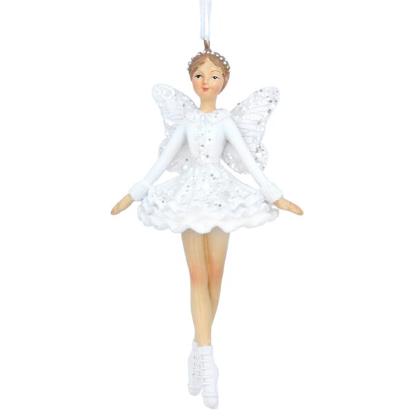 A polyresin ballet dancer figurine Christmas tree decorations. This ballerina has a white tutu with matching long sleeved bodice decorated with silver glitter on the front and around the waist. She also has a small silver tiara in her hair and is wearing white ballet shoes. On her back her white fairy wings are also decorated with silver glitter. She hangs from a white ribbon for hanging on the tree.