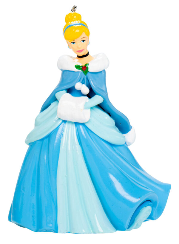 A polyresin Christmas tree decoration depicting Disney's Cinderella. She is wearing a long blue dress with matching cloak. Her blond hair is decorated with small silver bird.