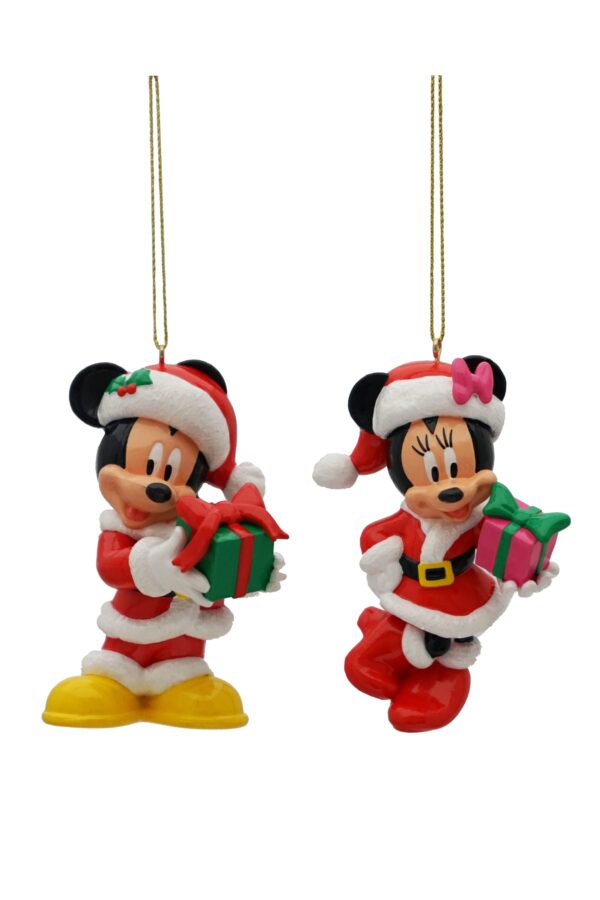 Disney mickey and minnie decorations. A polyresin Christmas tree decoration in the shape of Disney's Mickey Mouse. Mickey is wearing a red and white Santa suit with matching Santa hat and boots and is holding a green present wrapped up in a red ribbon and a polyresin Christmas tree decoration in the shape of Disney's Minnie Mouse. Minnie is wearing a red and white Santa dress with matching Santa hat and boots and is holding a pink present wrapped up in a green ribbon.