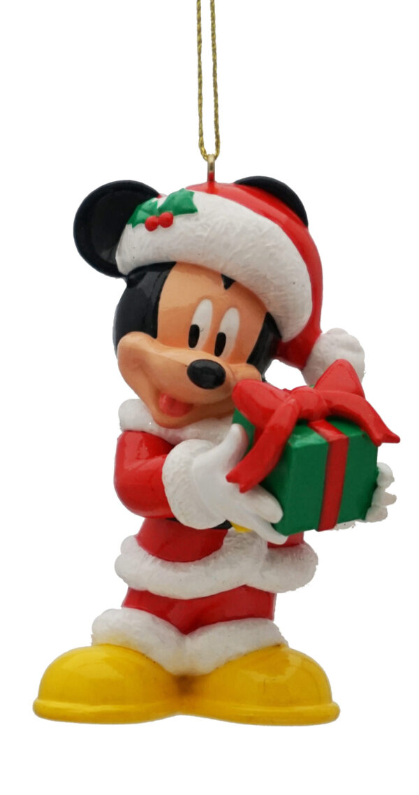 A polyresin Christmas tree decoration in the shape of Disney's Mickey Mouse. Mickey is wearing a red and white Santa suit with matching Santa hat and boots and is holding a green present wrapped up in a red ribbon.