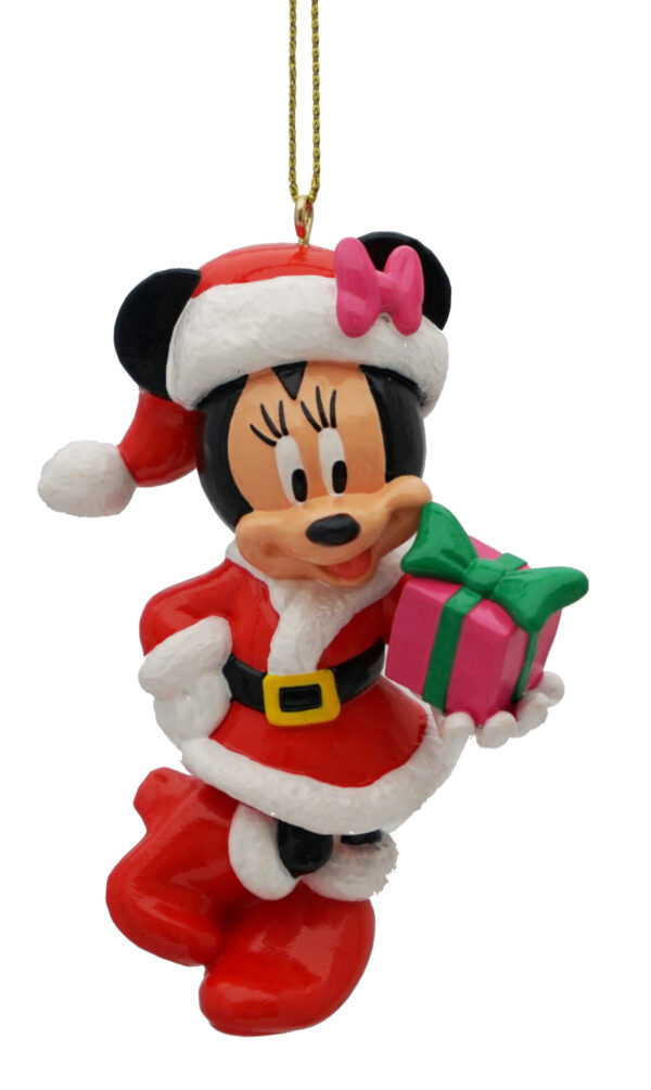 A polyresin Christmas tree decoration in the shape of Disney's Minnie Mouse. Minnie is wearing a red and white Santa dress with matching Santa hat and boots and is holding a pink present wrapped up in a green ribbon.