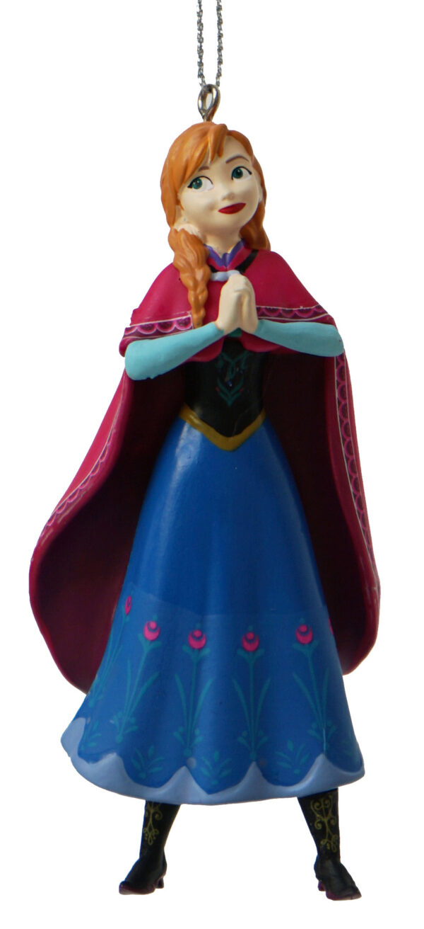 A polyresin Christmas tree decoration depicting Anna from Disney's Frozen. Hanging from a silver string.