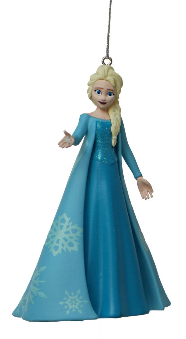 A polyresin Christmas tree decoration depicting Elsa from Disney's Frozen. Hanging from a silver string.