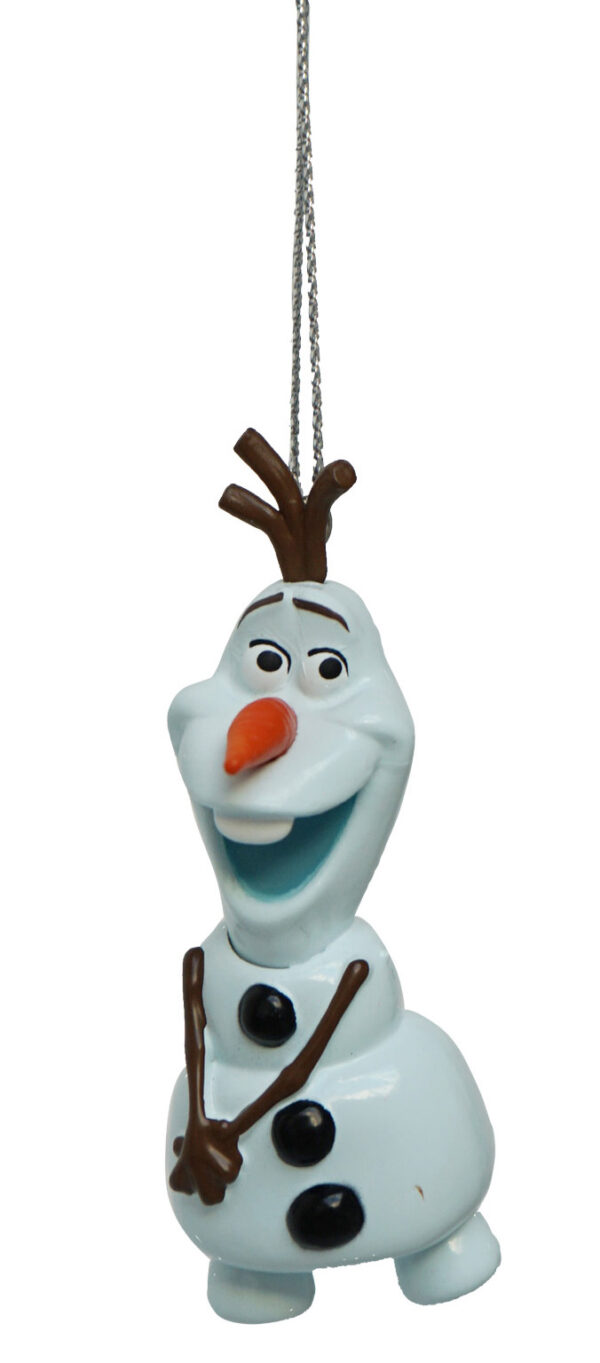 A polyresin Christmas tree decoration depicting Olaf the Snowman from Disney's Frozen. Hanging from a silver string.