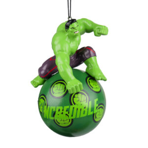 A 3D Christmas tree decoration featuring The Incredible Hulk from Marvels Avengers. A green bauble spangled with images of Hulk's fist in light green and black with the text 'INCREDIBLE' in green and a 3D figurine of the Hulk on top poised to throw a punch.