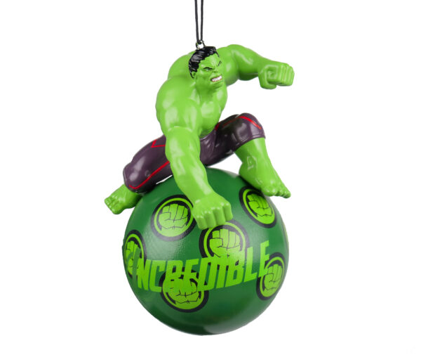 A 3D Christmas tree decoration featuring The Incredible Hulk from Marvels Avengers. A green bauble spangled with images of Hulk's fist in light green and black with the text 'INCREDIBLE' in green and a 3D figurine of the Hulk on top poised to throw a punch.