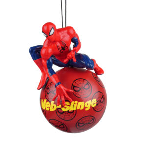 A 3D Christmas tree decoration featuring Spideerman from Marvels Avengers. A red bauble spangled with images of Spidermans face in black with the text 'Web Slinger' in yeelow and a 3D figurine of the Spiderman on top poised to shoot a web.