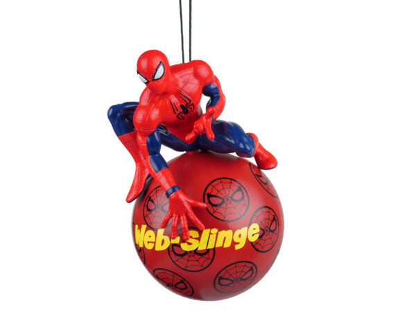 A 3D Christmas tree decoration featuring Spideerman from Marvels Avengers. A red bauble spangled with images of Spidermans face in black with the text 'Web Slinger' in yeelow and a 3D figurine of the Spiderman on top poised to shoot a web.