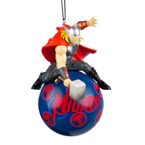 A 3D Christmas tree decoration featuring Thor from Marvels Avemgers. A blue bauble spangled with images of Thor's mighty hammer in red and a 3D figurine of the Thor poised with his hammer.