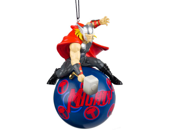 A 3D Christmas tree decoration featuring Thor from Marvels Avemgers. A blue bauble spangled with images of Thor's mighty hammer in red and a 3D figurine of the Thor poised with his hammer.