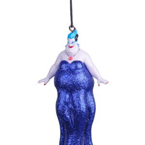 A polyresin Christmas tree decoration in the shape of Disney's Ursula from The Little Mermaid. Ursula has on a long shimmering purple dress that covers her long tentacles.