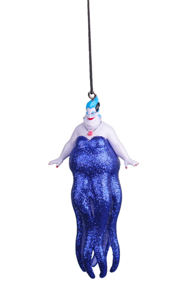 A polyresin Christmas tree decoration in the shape of Disney's Ursula from The Little Mermaid. Ursula has on a long shimmering purple dress that covers her long tentacles.