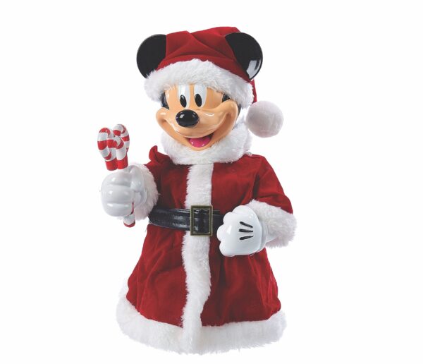 A 3D Christmas Tree Topper in the shape of Disney's Mickey Mouse. He is wearing a red velour Santa suit with white fur trim ans a matching Santa hat and is holding a red and white striped candy cane in the shape of mouse ears.