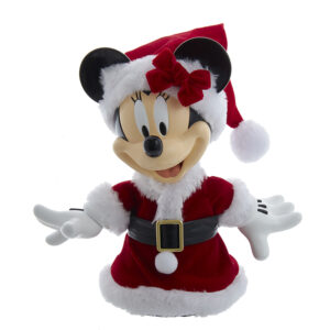 A 3D Christmas Tree Topper in the shape of Disney's Minnie Mouse. She is wearing a red velour Santa suit with white fur trim ans a matching Santa hat complete with a red velour bow.