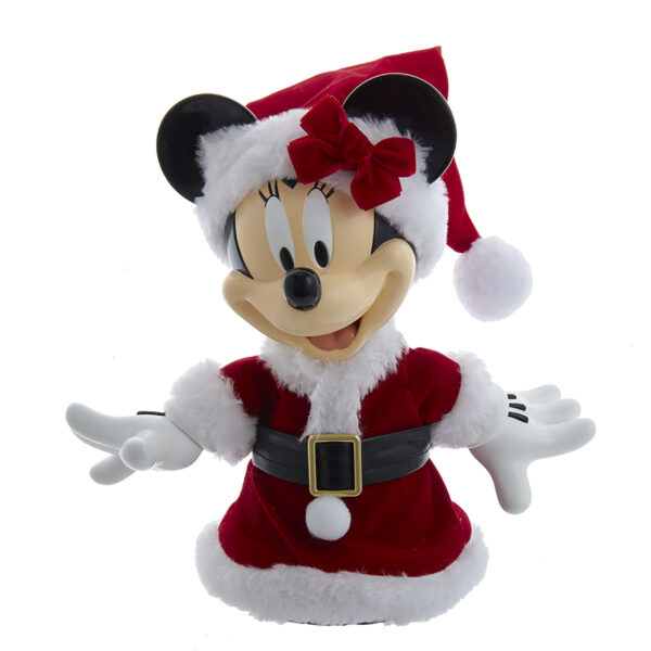 A 3D Christmas Tree Topper in the shape of Disney's Minnie Mouse. She is wearing a red velour Santa suit with white fur trim ans a matching Santa hat complete with a red velour bow.