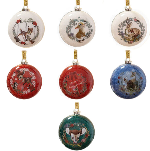 A Beautiful Bambi Enchanted Forest Set of 7 Glitter Baubles with images from Disney's Bambi on them, including Bambi, Thumper, bambi's mother in an Enchanted Forest setting.