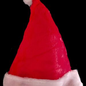 Traditional plush fabric santa hat with a red body and white trim and white pompom.