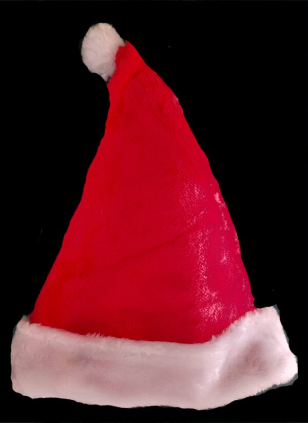 Traditional plush fabric santa hat with a red body and white trim and white pompom.