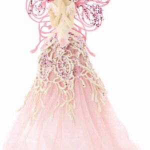 This Pink Fabric Fairy Tree Topper doll is dressed in a flowing blush pink fabric dress, with elegant cream lace and pink sparkle detailing and an eye-catching pair of butterfly-style pink line fairy wings.