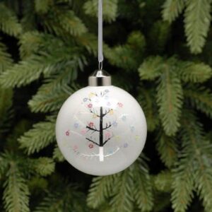 Matt White Glass Christmas Bauble with a silver metallic tree shaped decorated with pastel coloured star shaped sequins.