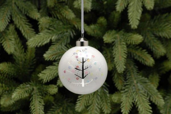 Matt White Glass Christmas Bauble with a silver metallic tree shaped decorated with pastel coloured star shaped sequins.