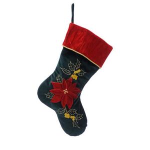 Red and Green Velour Stocking with Poinsettia Appliqué - 48cm