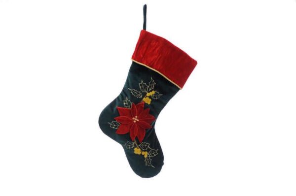 Red and Green Velour Stocking with Poinsettia Appliqué - 48cm