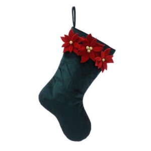 Rich Forrest Green Velour Stocking with Red Velour Poinsettia Cuff - 48cm