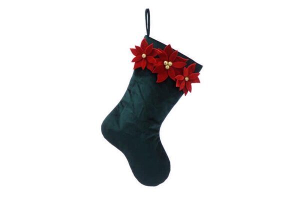 Rich Forrest Green Velour Stocking with Red Velour Poinsettia Cuff - 48cm