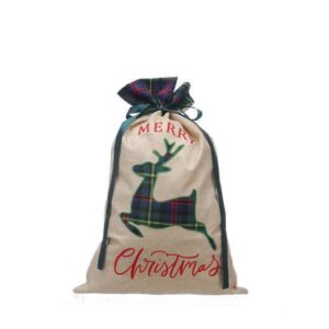 Large hessian gift sack with blue and green tartan cuff and matching taratn applique reindeer on the front. it has red text that rwads 'MERRY Christmas' above and below the reindeer.