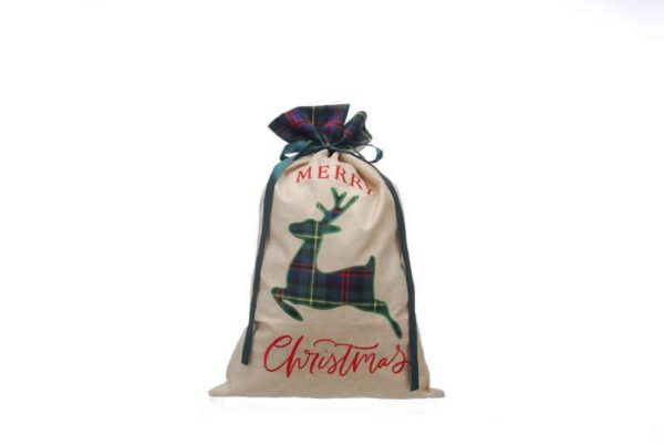 Large hessian gift sack with blue and green tartan cuff and matching taratn applique reindeer on the front. it has red text that rwads 'MERRY Christmas' above and below the reindeer.