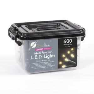 A plastic storage box of 600 Warm White Compact LED Tree Lights.