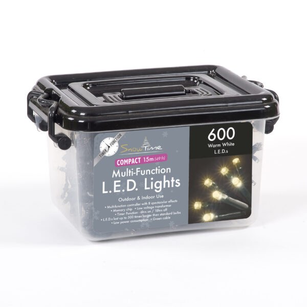 A plastic storage box of 600 Warm White Compact LED Tree Lights.