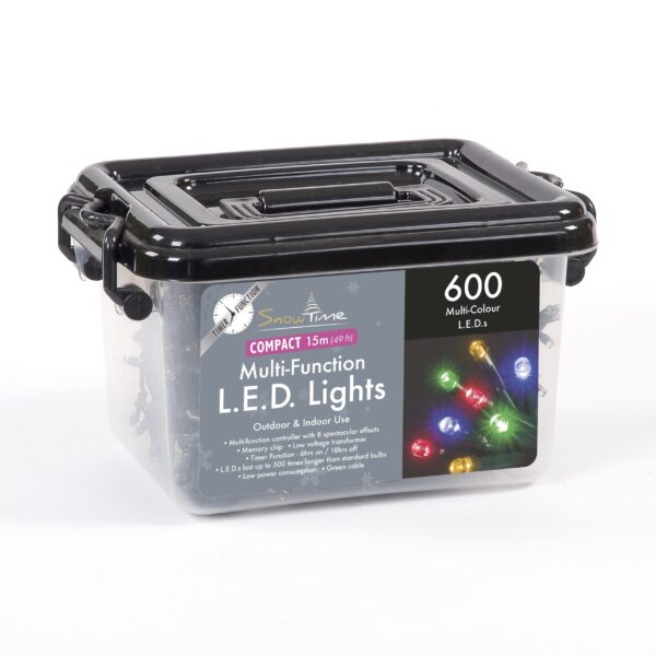 A plastic storage box of 600 Multicolour Compact LED Tree Lights .