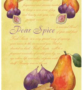 A scented sachet for the fragrance 'Pear Spice'. A yellow background with hand painted images of pears, figs and cinnamon sticks.