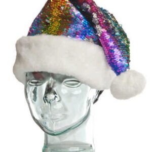 A santa hat with multicolored sequins and white fur trim on a glear glass mannequin head.