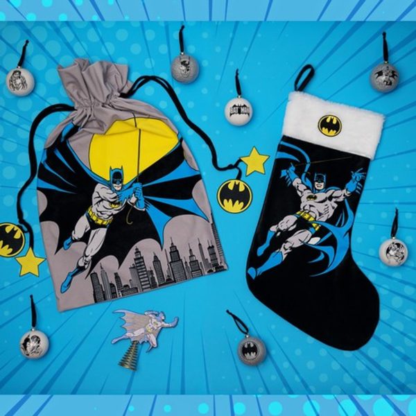 DC Comics Batman collection featuring a large gift sack, Christmas stocking, baubles and a tree topper.