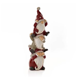 A Christmas ornament depicting three festive gnomes stacked up upon one another like a Totem Pole. The bottom one has his eyes covered as he can 'See No Evil', the middle one has his mouth covered as he can 'Speak No Evil' and the top one has his ears covered as he can 'Hear No Evil'. All are wearing Sanat hats and have long white beards.