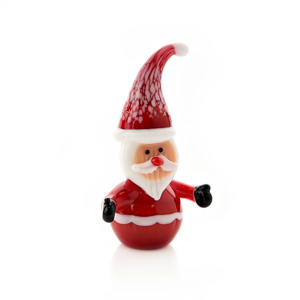 A red Santa Claus Objets d'Art figurine on a white background. Santa has a round body with a white trim around his middle and is wearing black mittens. He has a jolly face with a white beard and red nose. his red Santa hat has a white marbling effect running htrough it an a white pompom at the tip.