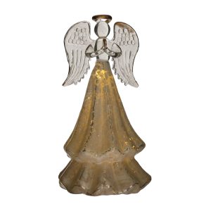 The clear Glass Angel, 15cms, LED Light (Battery Operated) with a golden dress on a white background.